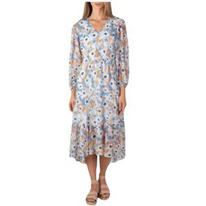 Joie Cottagecore Blue Sheer Chiffon Floral Balloon Sleeve Maxi Dress Womens XXL